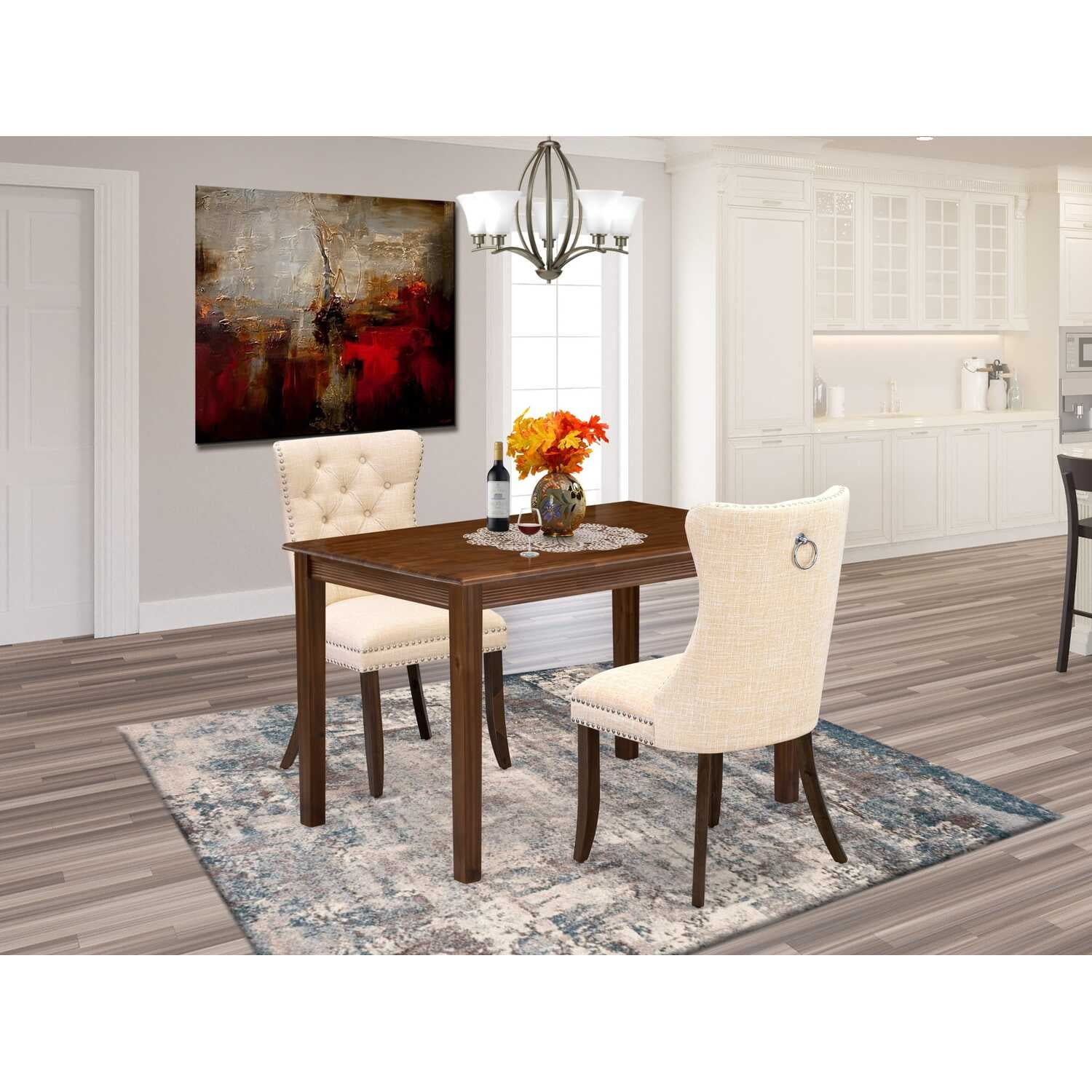 Antique Walnut 3-Piece Dining Set with Light Beige Linen Upholstered Chairs