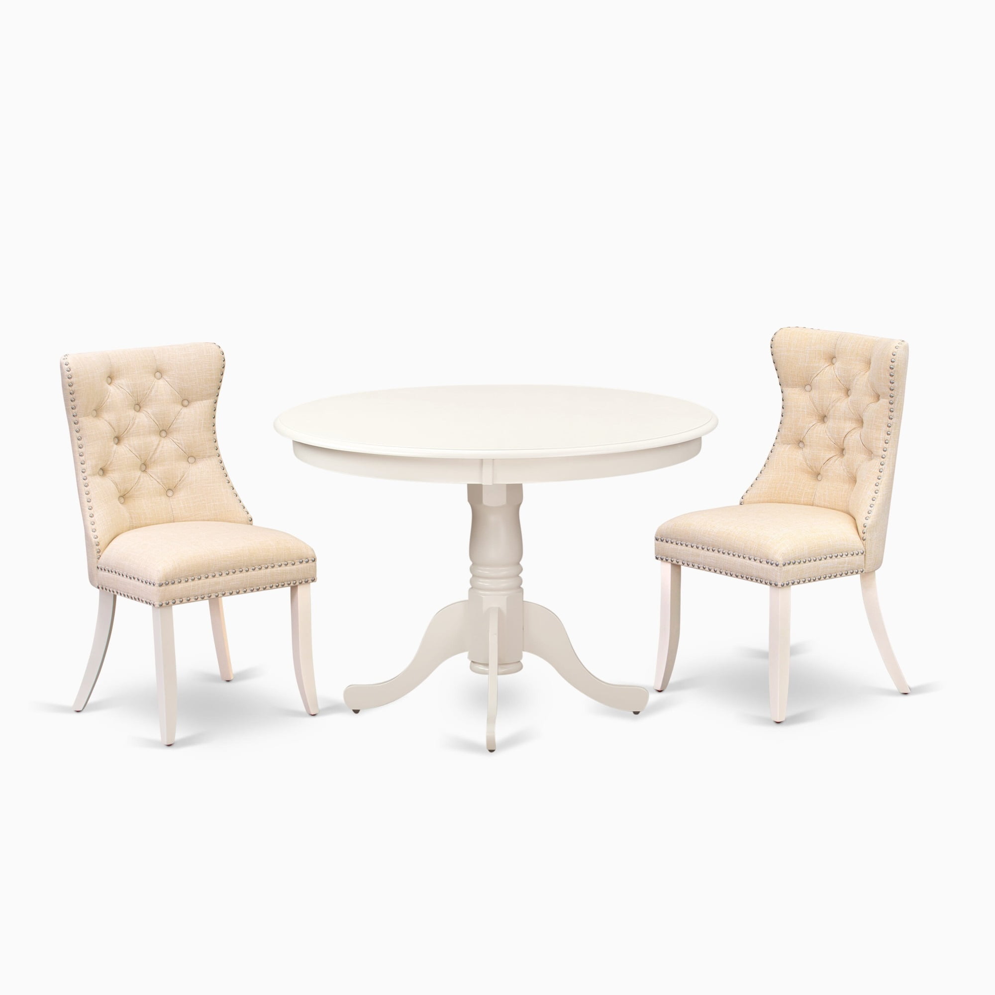 Linen White Round Pedestal Dining Table Set with Beige Upholstered Chairs