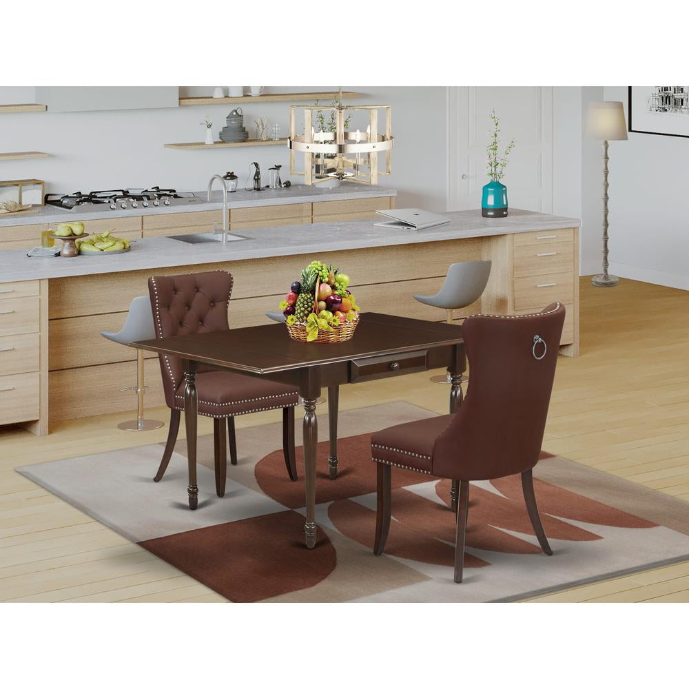 Mahogany 3-Piece Dining Set with Burgundy Upholstered Chairs