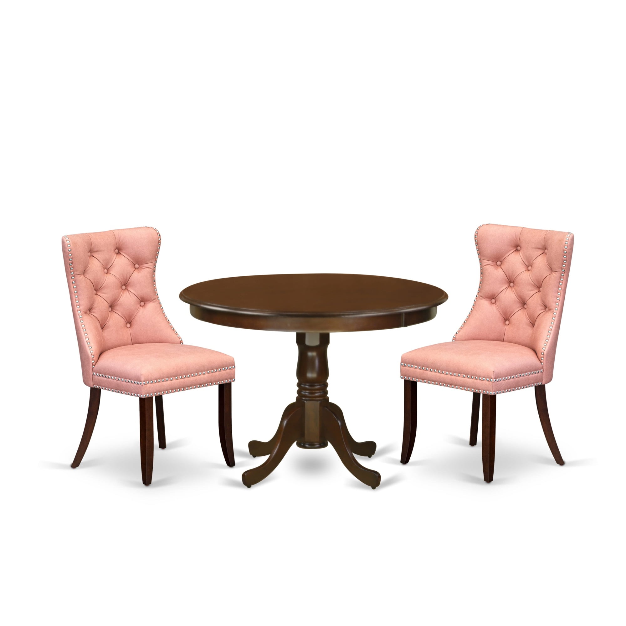 Mahogany Finish Round Pedestal Dining Table with Pink Tufted Chairs