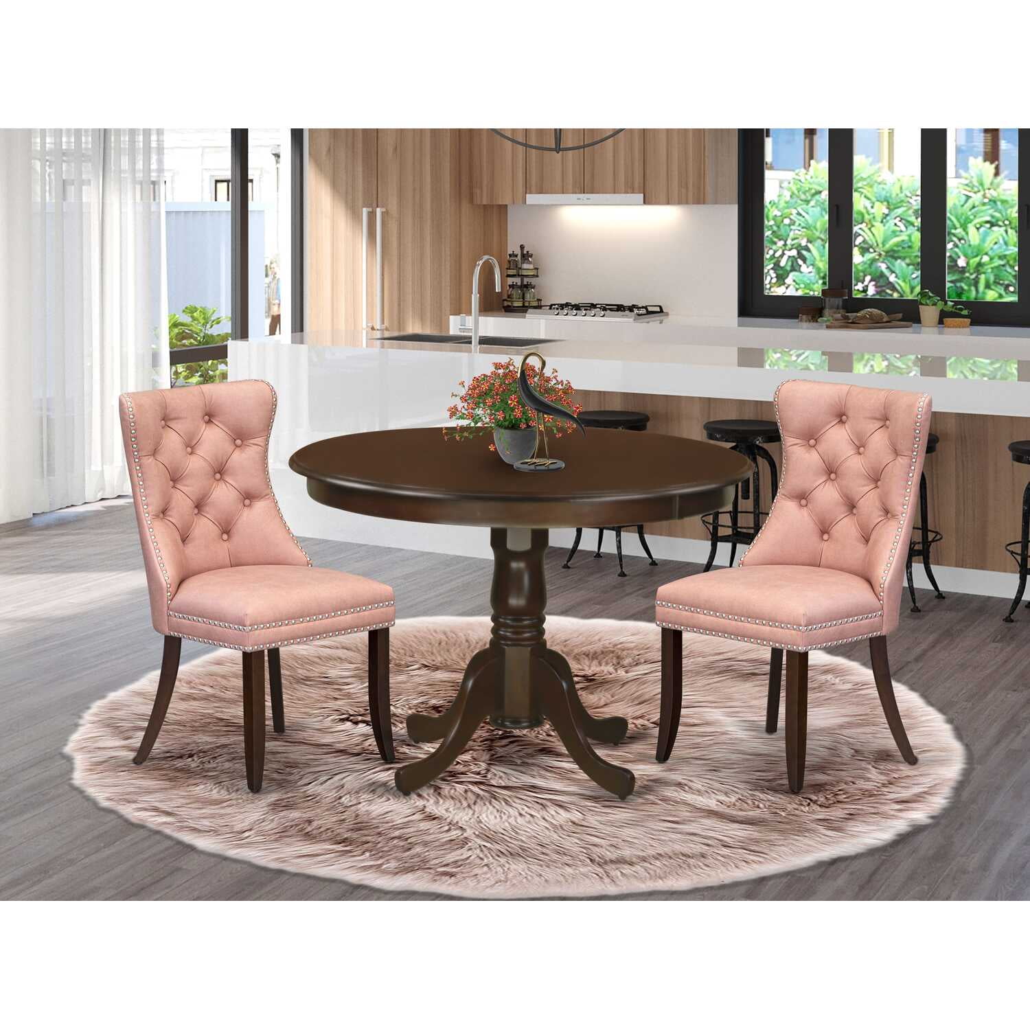 Mahogany Finish Round Pedestal Dining Table with Pink Tufted Chairs