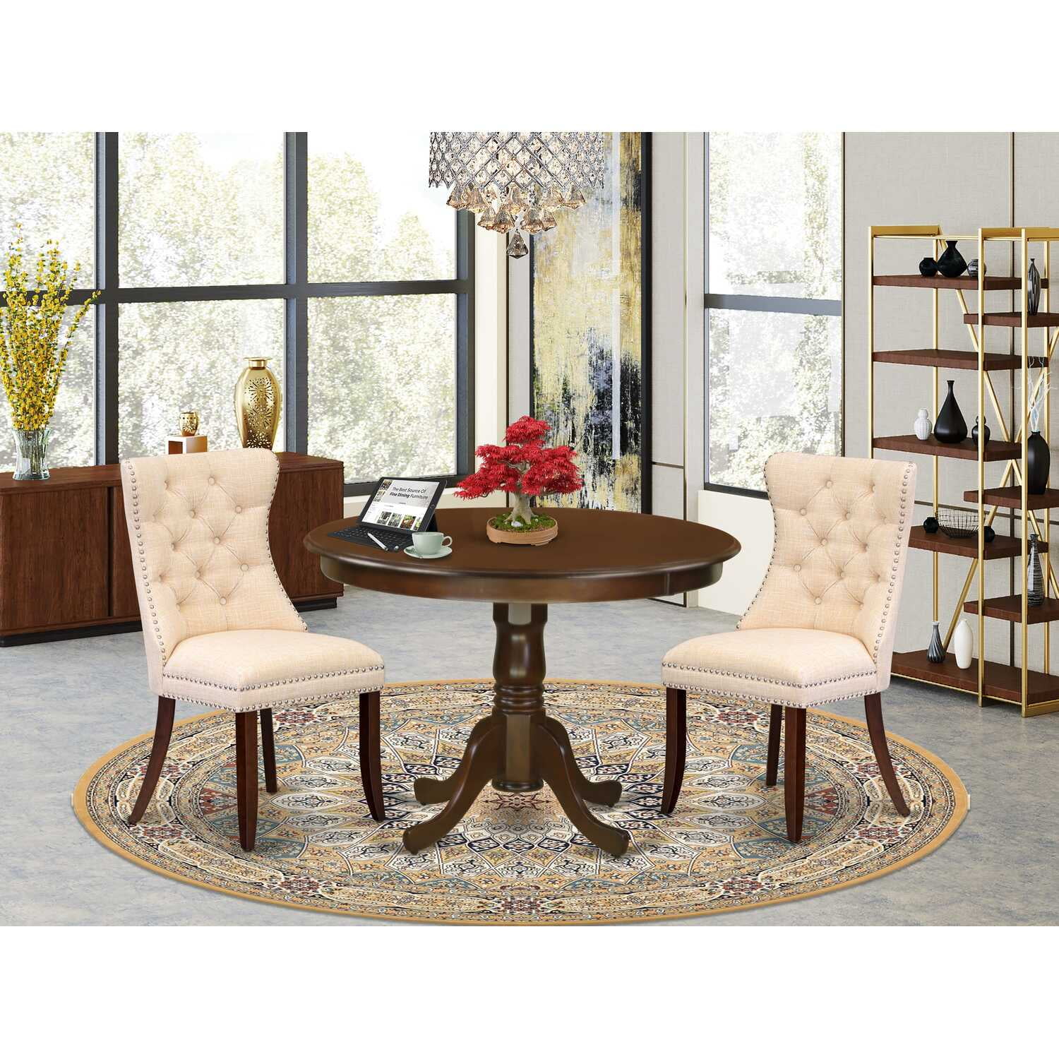 Mahogany Finish 3-Piece Round Dining Table Set with Beige Linen Chairs