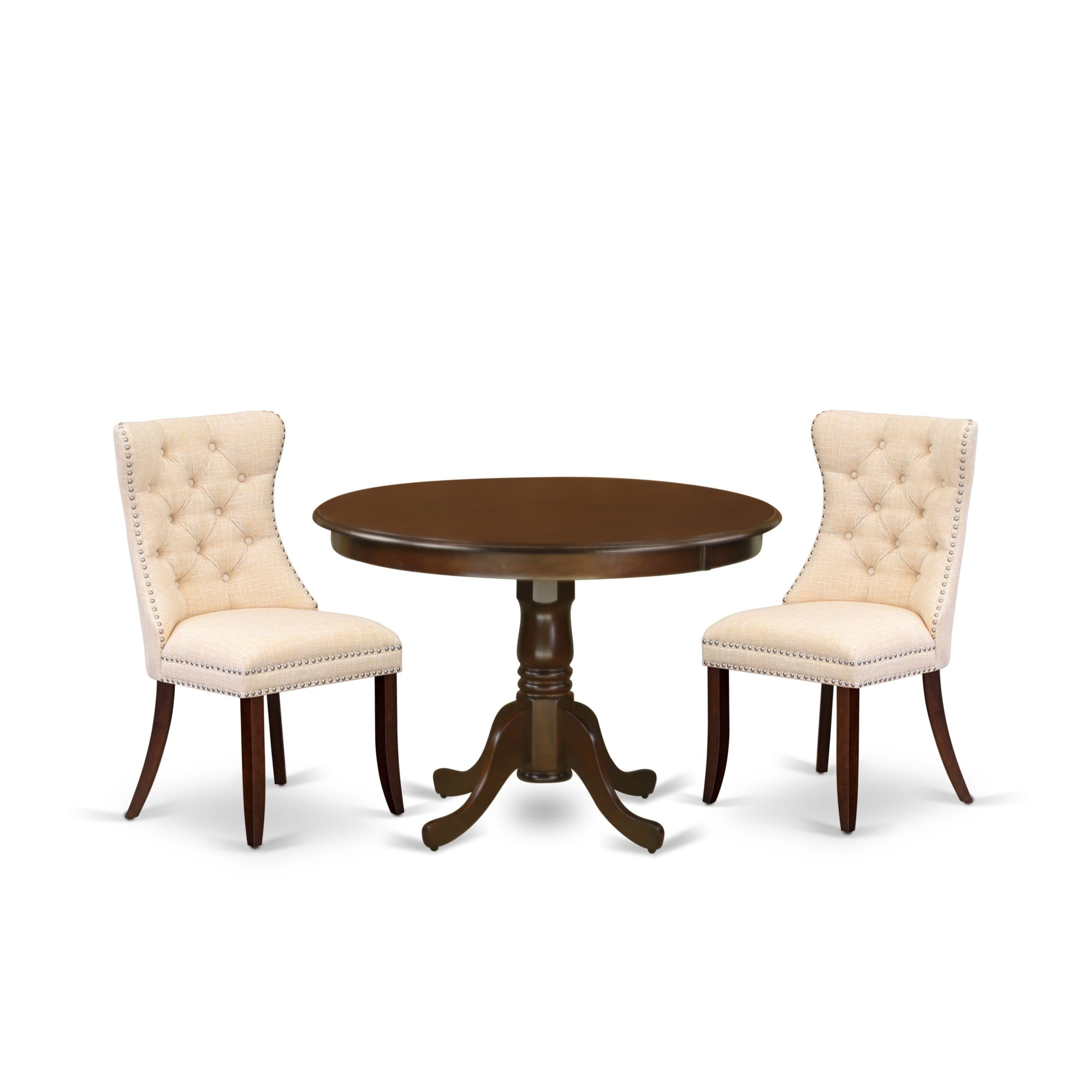 Mahogany Finish 3-Piece Round Dining Table Set with Beige Linen Chairs