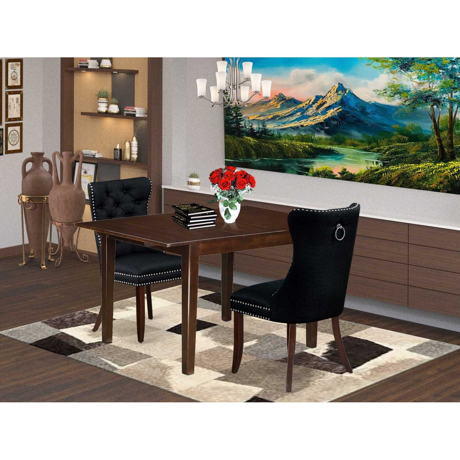 Mahogany 3-Piece Dining Set with Black Upholstered Chairs