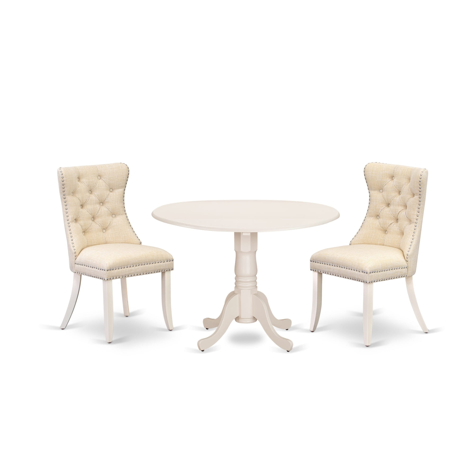 Linen White Round Drop Leaf Dining Table Set with Beige Upholstered Chairs