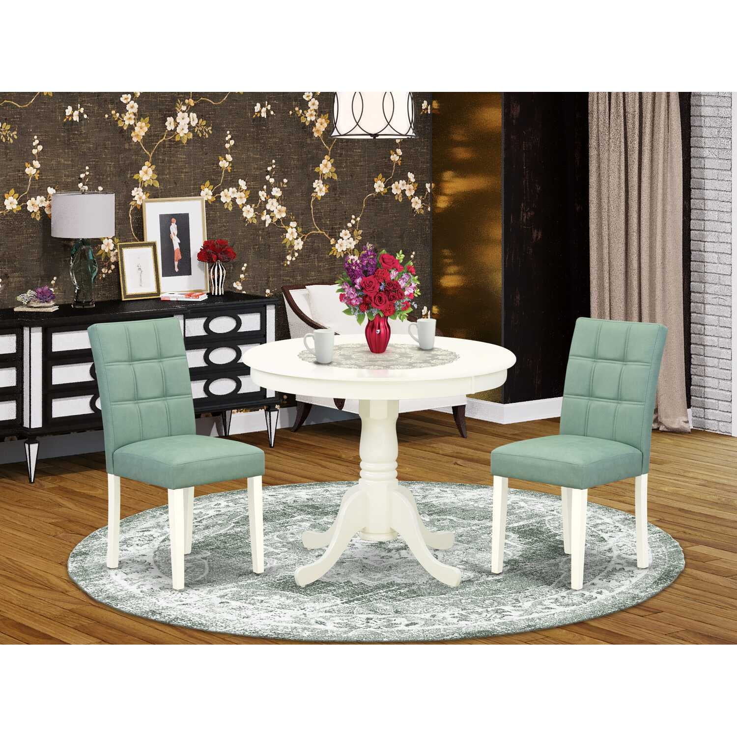 Linen White Round Pedestal Dining Table Set with Willow Green Faux Leather Chairs