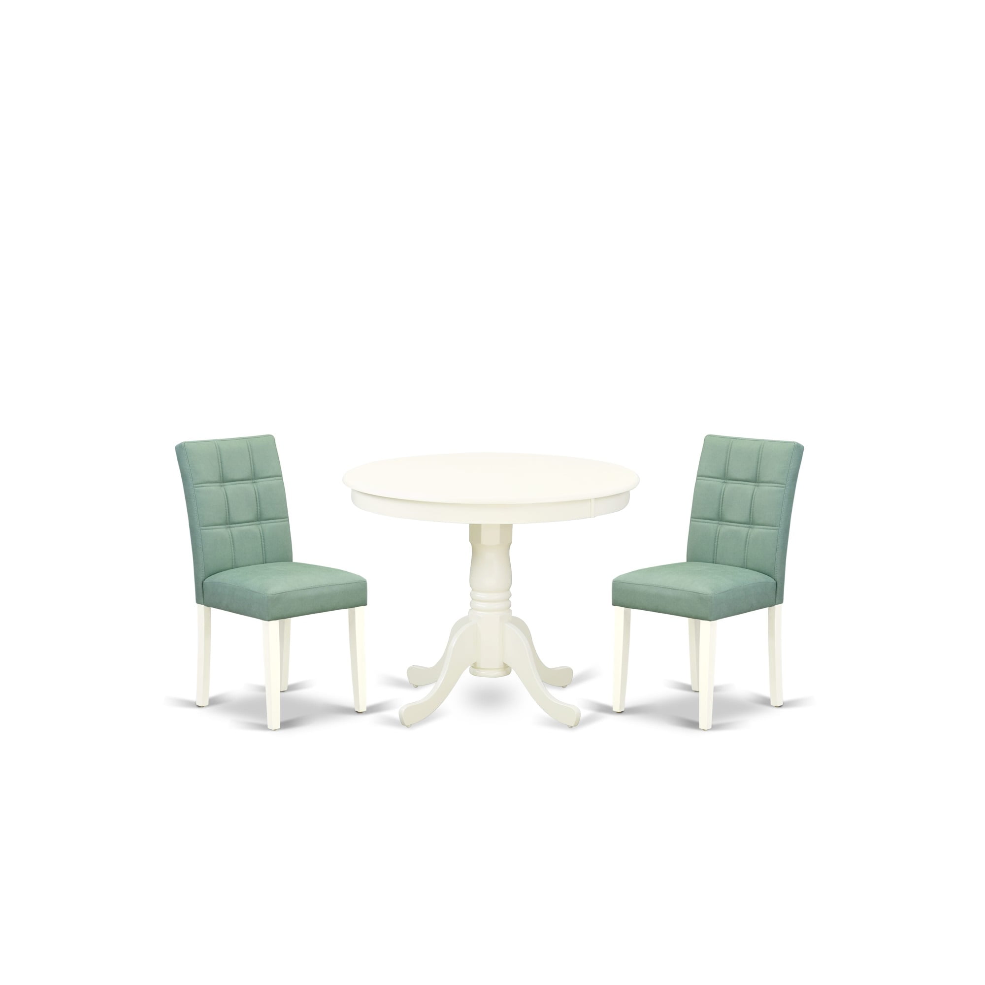 Linen White Round Pedestal Dining Table Set with Willow Green Faux Leather Chairs