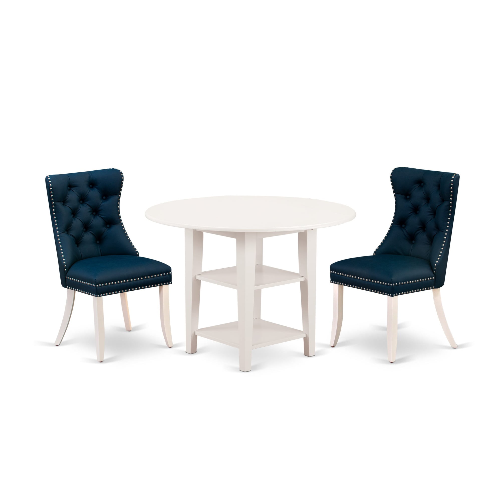 Linen White Round Dining Table Set with Navy Blue Faux Leather Chairs