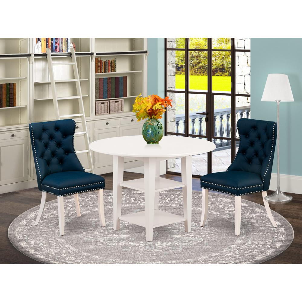 Linen White Round Dining Table Set with Navy Blue Faux Leather Chairs
