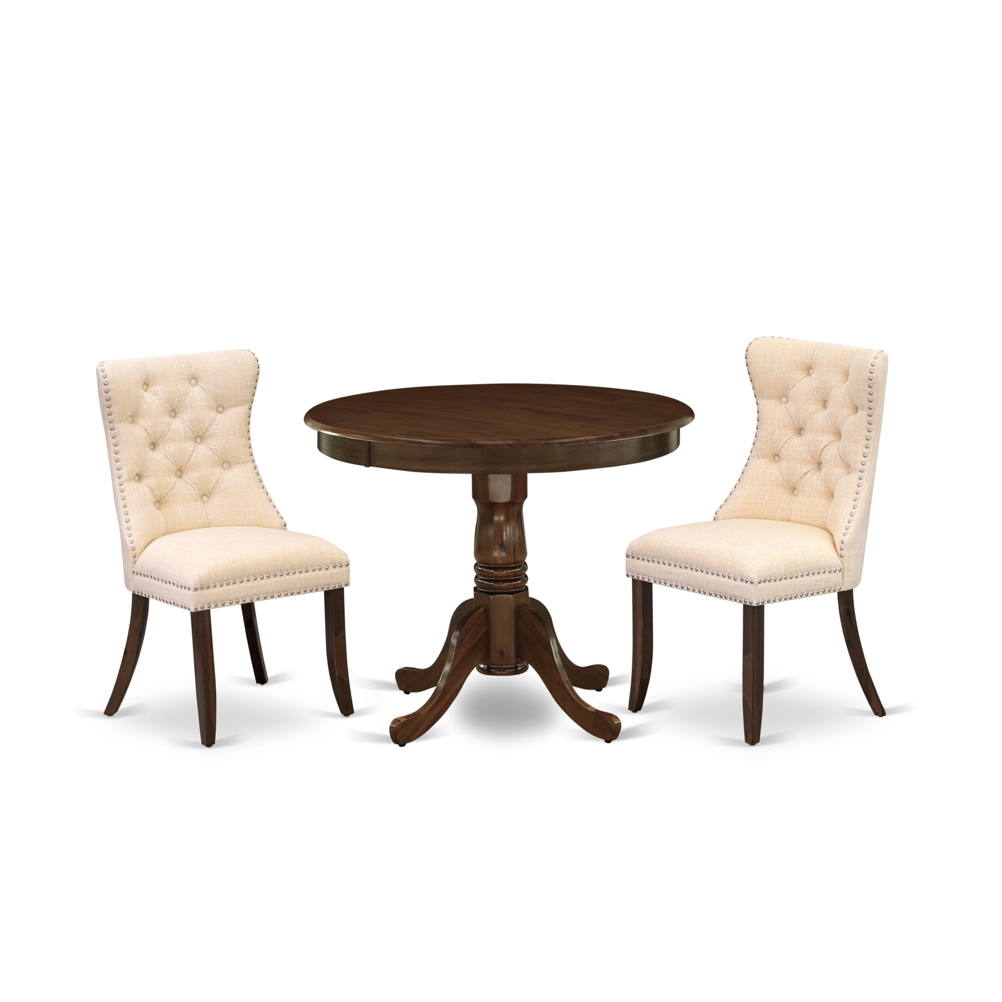 Antique Walnut 3-Piece Round Wood Dining Set with Beige Upholstered Chairs