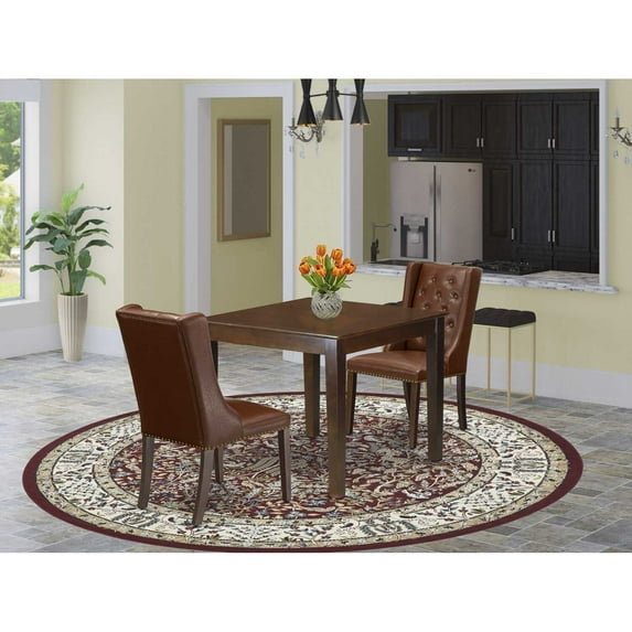 East West Furniture OXFO3-MAH-46 3-Piece Dining Room Table Set Includes 1 Wood Dining Table and 2 Brown Linen Fabric Upholstered Dining Chairs with Button Tufted Back - Mahogany Finish