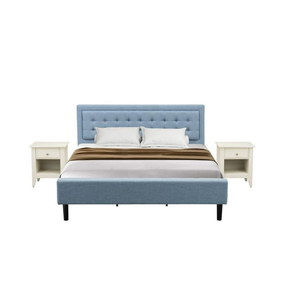 East West Furniture 3-piece Wood King Bedroom Set in Denim Blue/Butter Cream