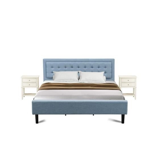 East West Furniture FN11K-2VL0C 3-Piece Platform Bed Set with 1 Modern Bed and 2 Bedroom Nightstands - Denim Blue Linen Fabric
