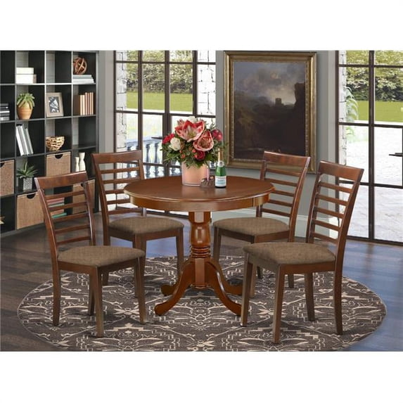 East West Furniture 36 in. Antique Round Kitchen Table & 4 Linen Upholstery Seat Chairs - Mahogany, 5 Piece