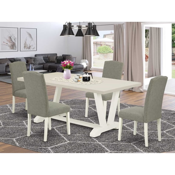 East West Furniture V-Style 5-piece Wood Dining Set in Linen White