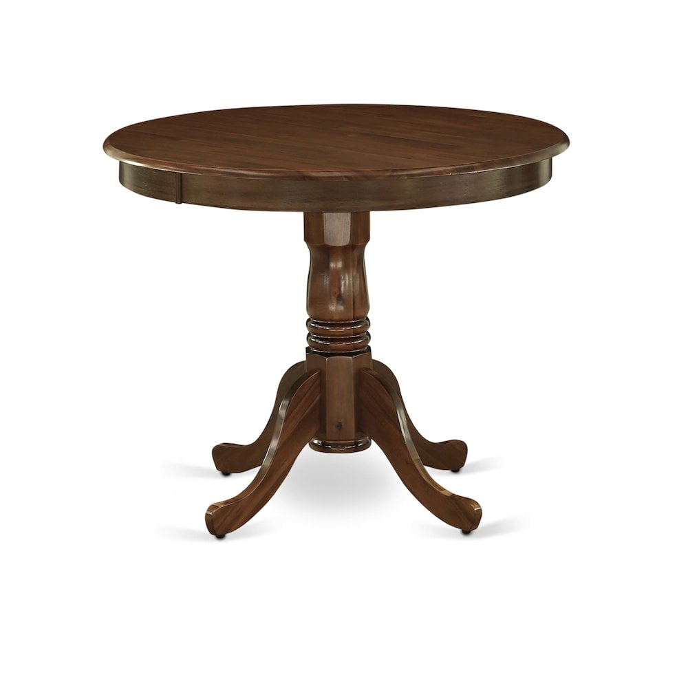 Antique Walnut Round Drop-Leaf Dining Table with 4 Beige Linen Upholstered Chairs