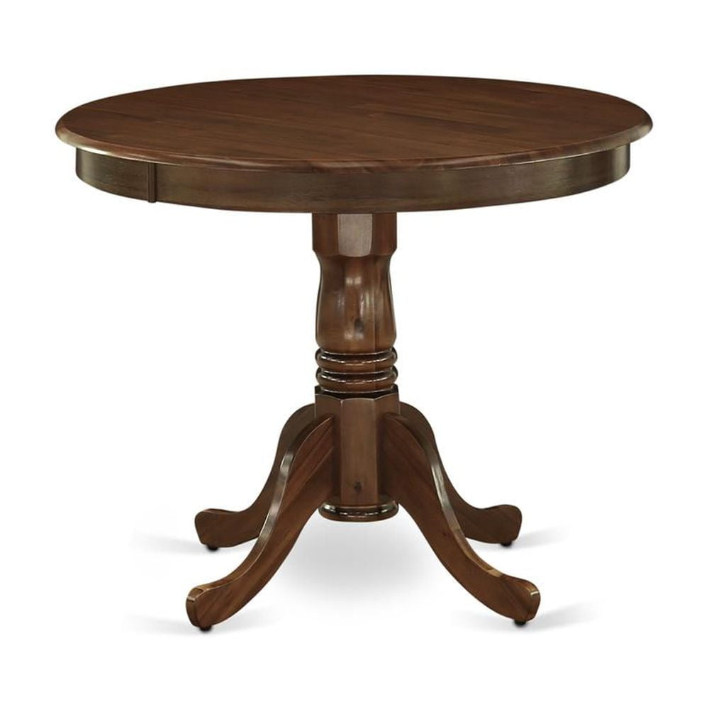 Antique Walnut Round Drop-Leaf Dining Table with 4 Beige Linen Upholstered Chairs