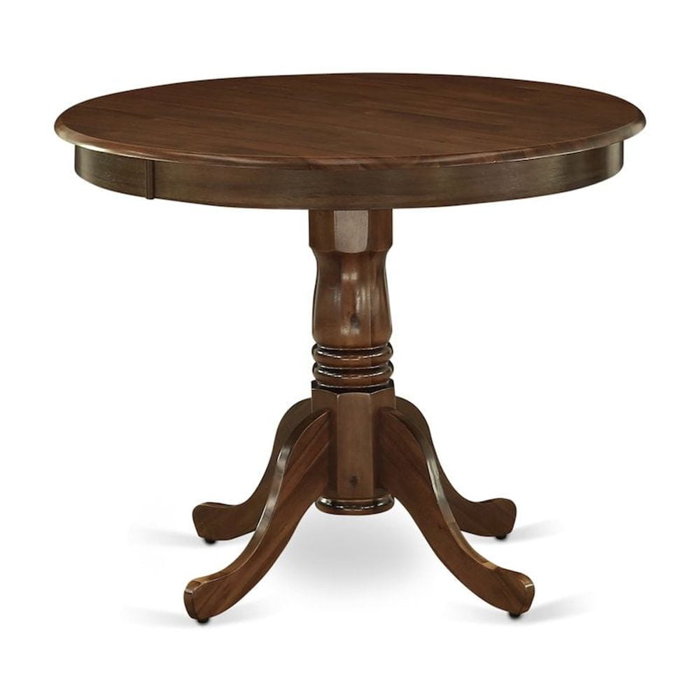 Antique Walnut Round Drop-Leaf Dining Table with 4 Beige Linen Upholstered Chairs