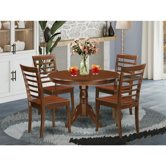 East West Furniture 5  Pc  set  with  a  Round  Dinette  Table  and  4  Leather  Kitchen  Chairs  in  Mahogany