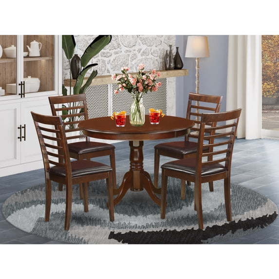 East West Furniture 5 Pc set with a Round Kitchen Table and 4 Leather Kitchen Chairs in Mahogany