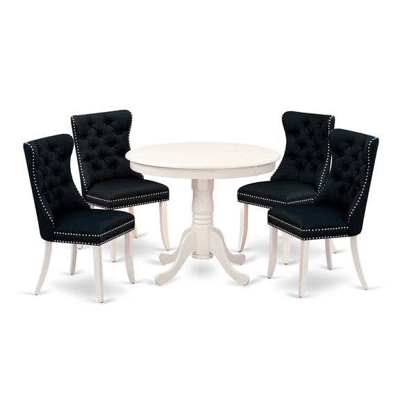 East West Furniture 5 Piece Dining Room Set Consists of a Round Wooden Table with Pedestal