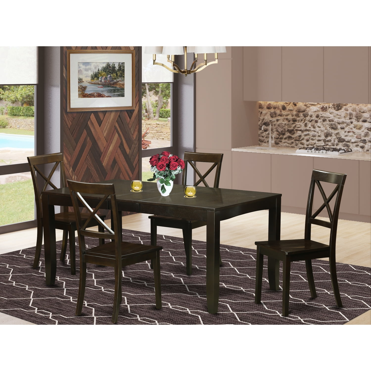Cappuccino Rubberwood Dining Set with Butterfly Leaf and 4 Chairs