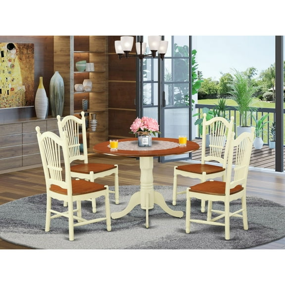 East West Furniture  5 Piece Dining Room Table Set- a Round Kitchen Table and 4 Dining Chairs, Linen White (Finish Options) N/A DLDO5-BMK-W