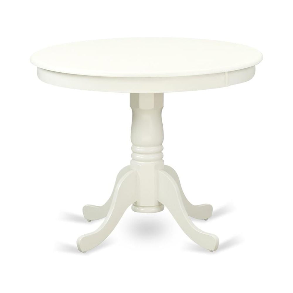 Linen White Round Pedestal Dining Table with 4 Willow Green Faux Leather Chairs