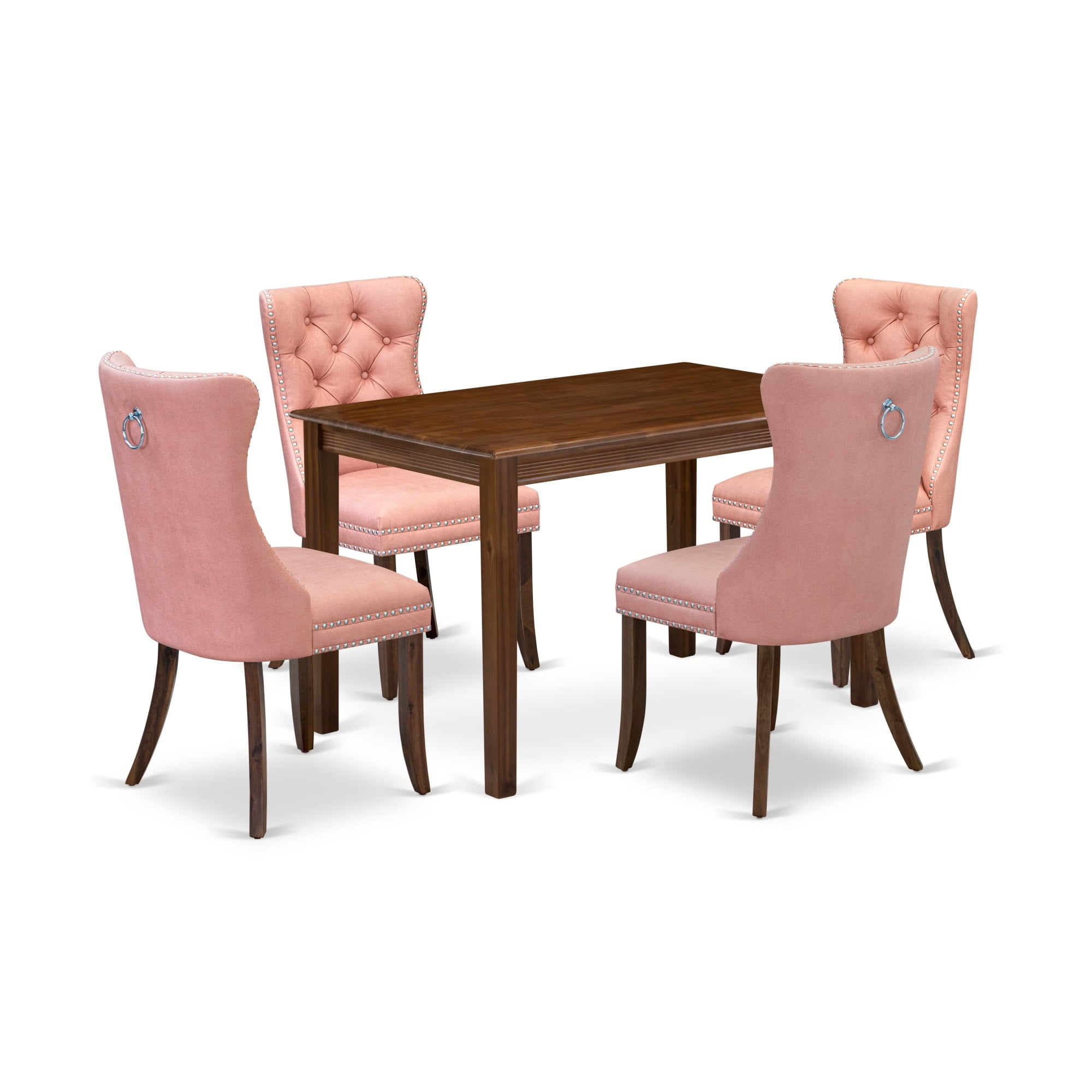 Antique Walnut 5-Piece Dining Set with Pink Upholstered Chairs