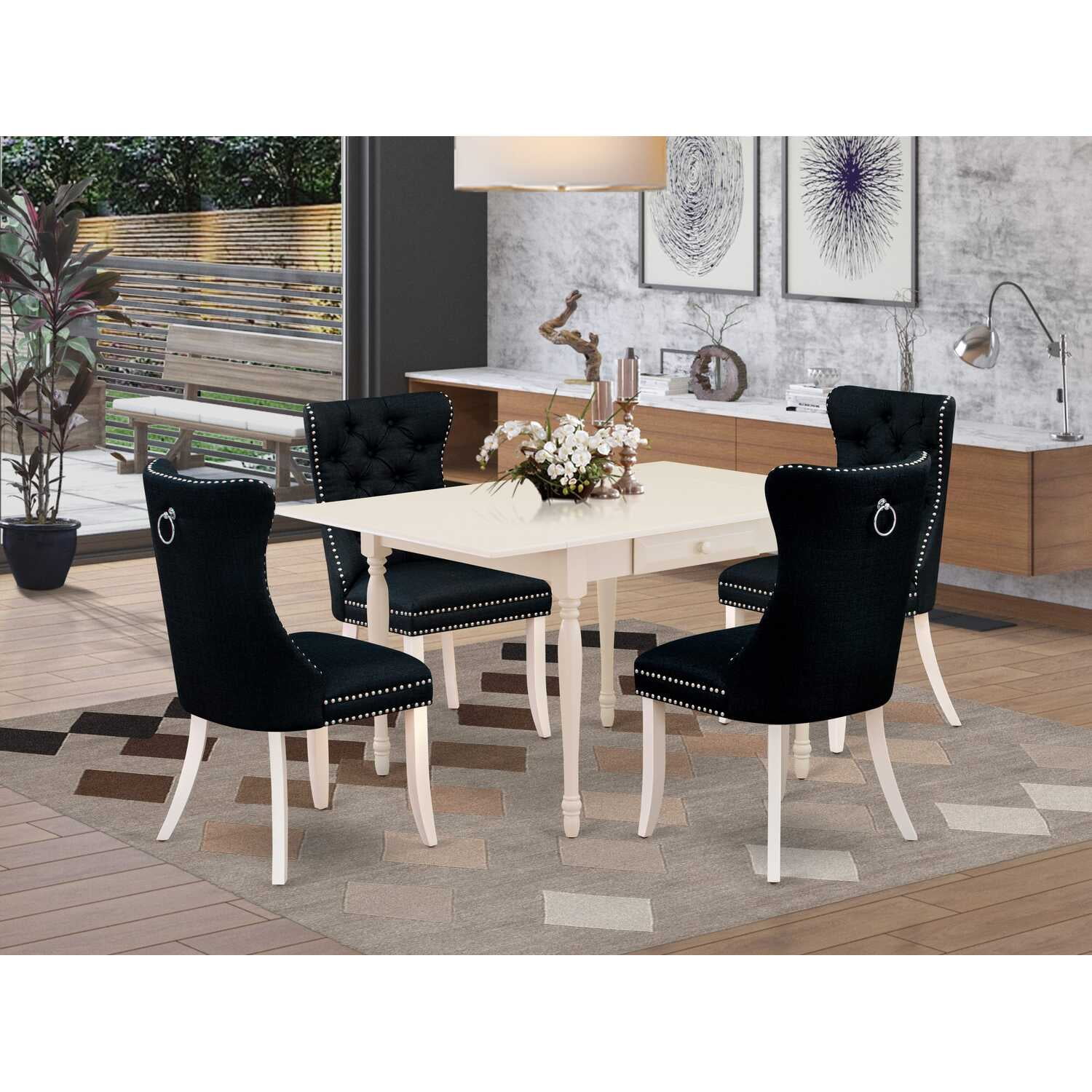 Linen White Rectangular Dining Table Set with Black Upholstered Chairs