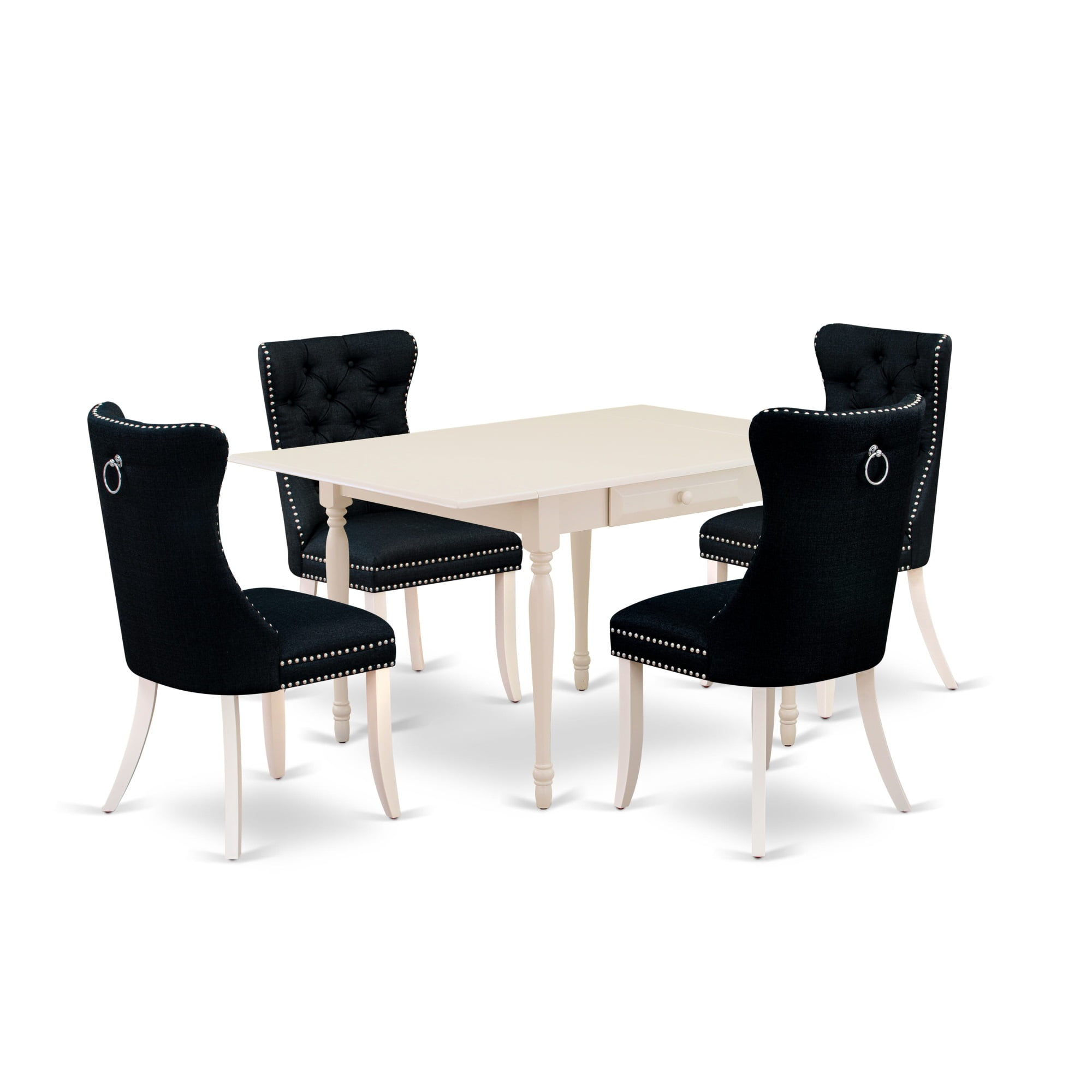 Linen White Rectangular Dining Table Set with Black Upholstered Chairs