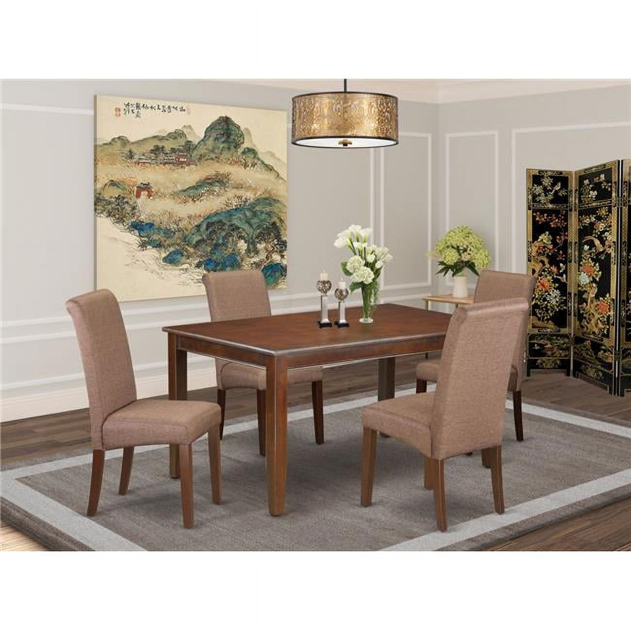 East West Furniture 5 Piece Dudley Kitchen Table with Linen Brown Fabric Kitchen Chairs with