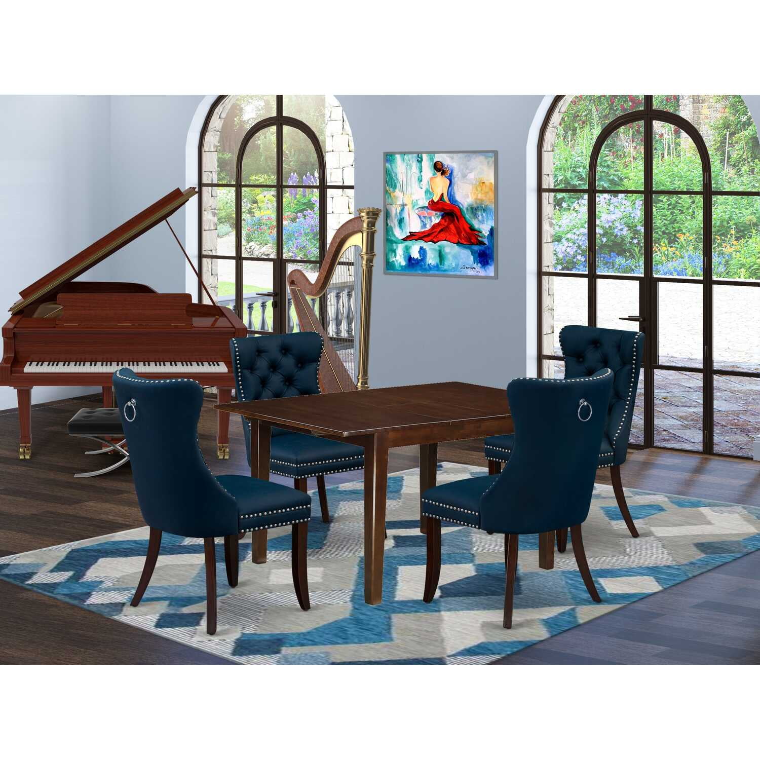 Mahogany 5-Piece Dining Set with Navy Blue Faux Leather Chairs