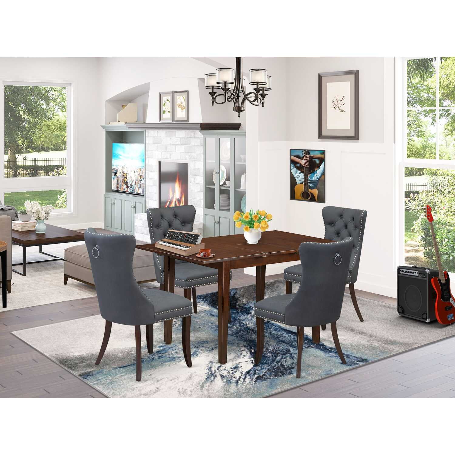 Mahogany Extendable Dining Table Set with Gray Upholstered Chairs