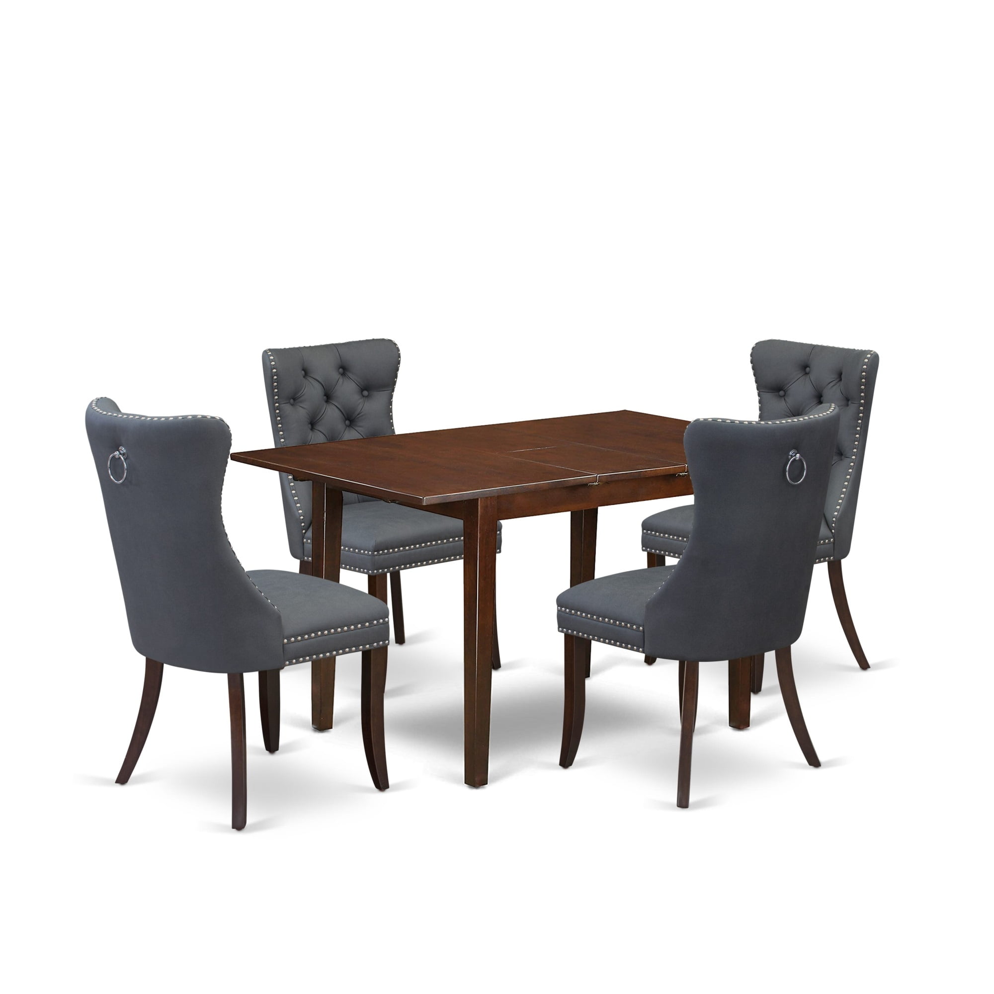 Mahogany Extendable Dining Table Set with Gray Upholstered Chairs