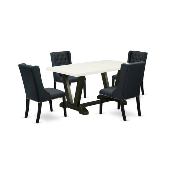 East West Furniture V626FO624-5 5 Piece Dining Table Set Includes 4 Black Linen Fabric Dining Chairs with Button Tufted and Linen White Rectangular Dining Table - Wire Brush Black Finish