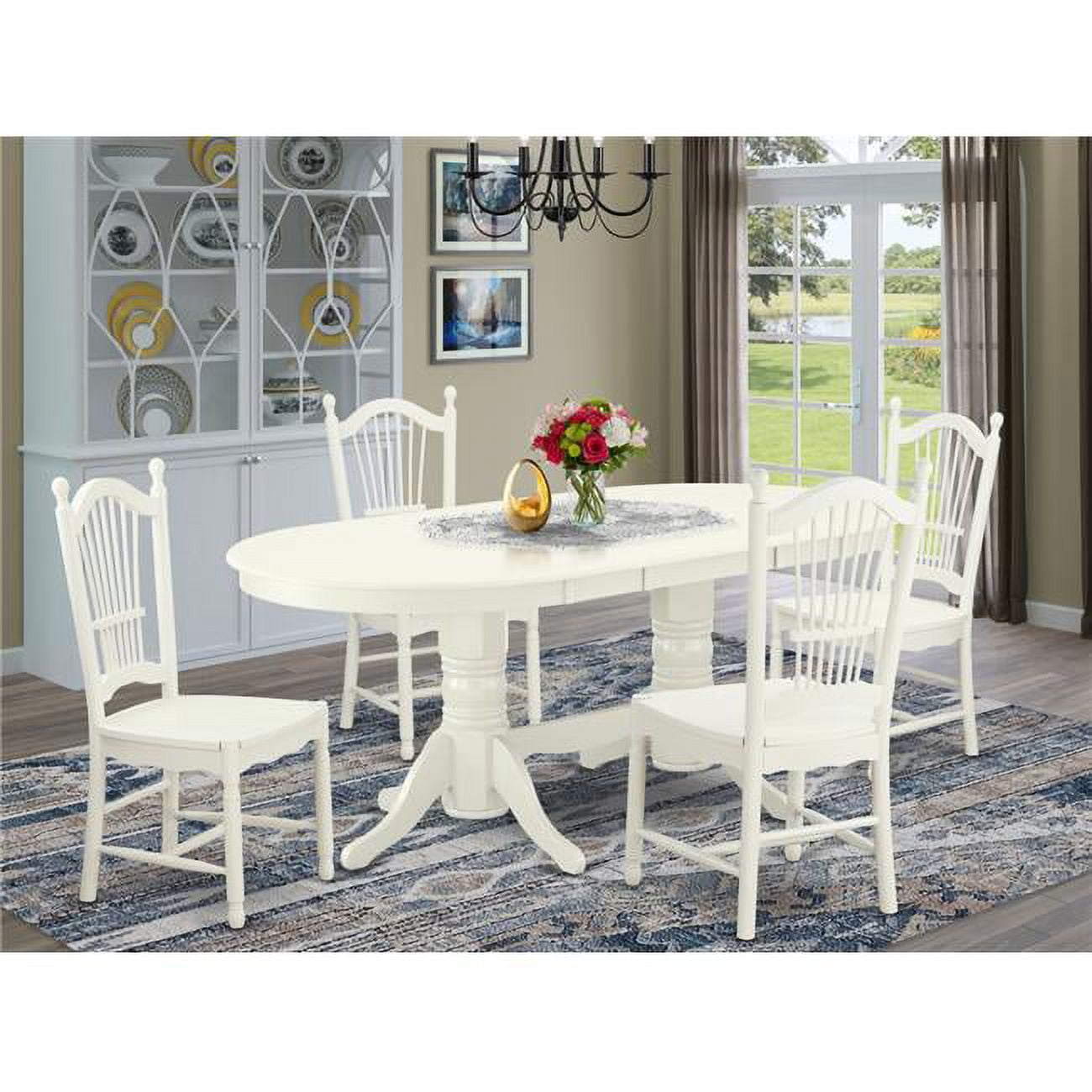 Linen White Hardwood Dining Table Set with 4 Chairs