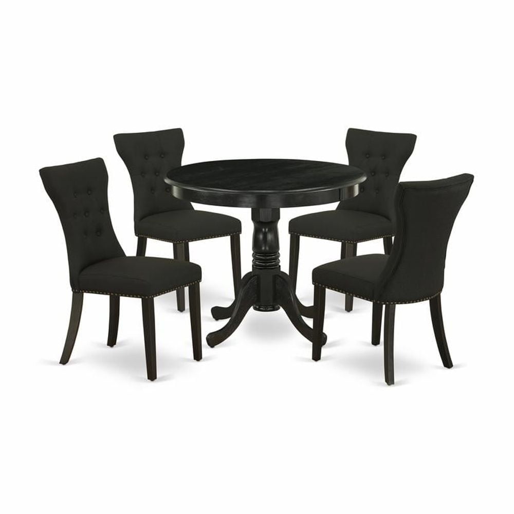 Elegant Tufted Black Linen and Rubber Wood 5-Piece Dining Set