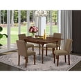 thumbnail image 1 of East West Furniture 1MZAB5-MAH-18 5Pc Modern Dining Table Set Includes a Wood Dining Table and 4 Parson Chairs with Coffee Color Linen Fabric, Drop Leaf Table with Full Back Chairs, Mahogany Finish, 1 of 9