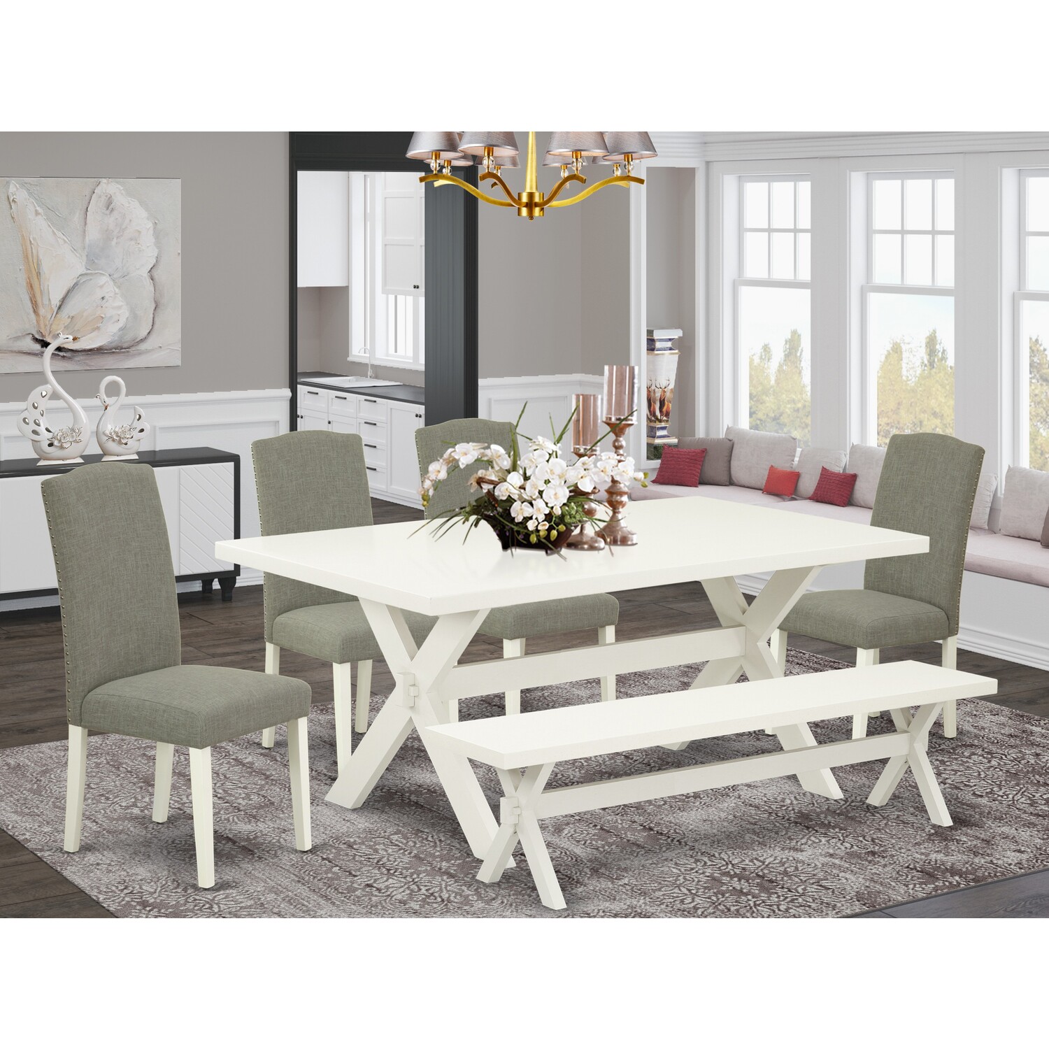 East West Furniture 6Pc Table SetDark Shitake Linen Fabric