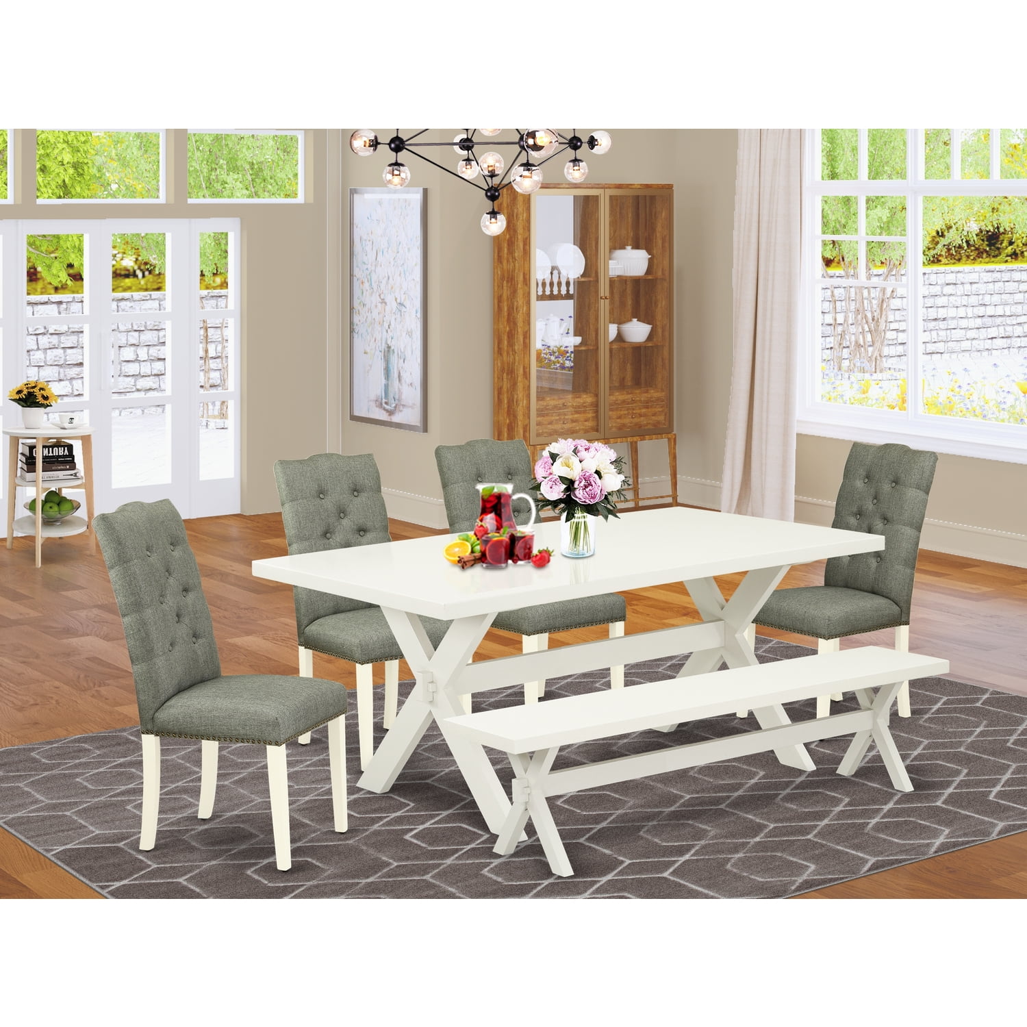 East West Furniture 6Pc Table SetSmoke Color Linen Fabric