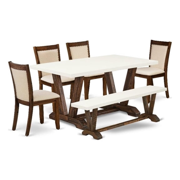 East West Furniture Table/4 Light Beige Chair/1 Bench in Distressed Jacobean