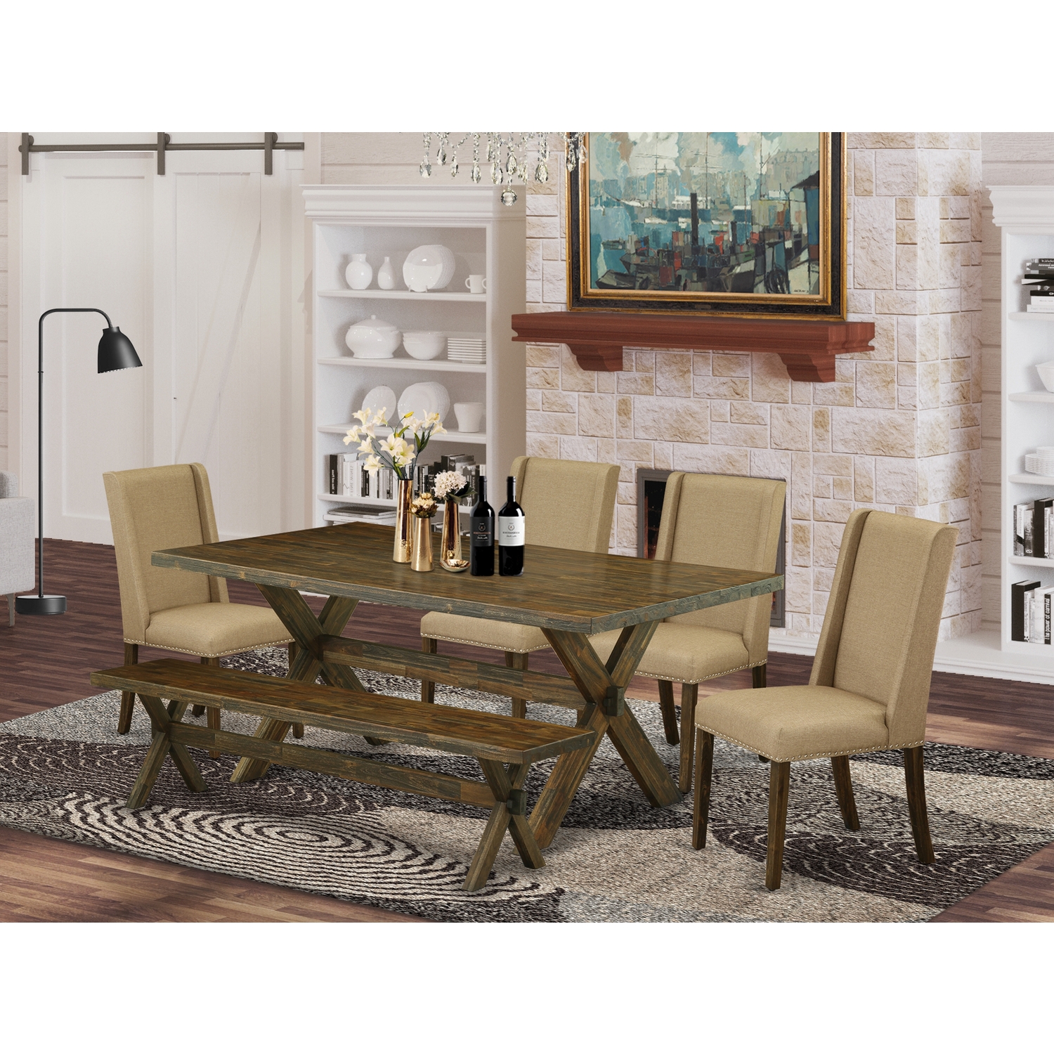 East West Furniture 6Pc Dining Table SetDark Khaki Linen Fabric Seat