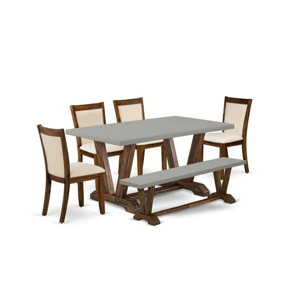 East West Furniture 6-Piece Dining Room Set Contains a Dinning Table and a Wooden Bench with 4 Light Beige Linen Fabric Parson Dining Chairs with Stylish Back - Distressed Jacobean Finish
