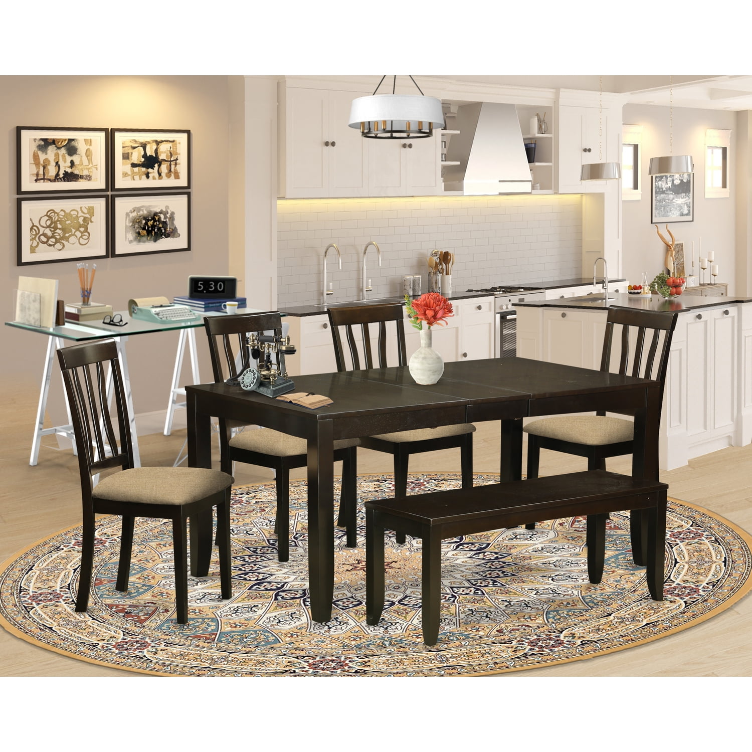 East West Furniture 6 Piece Dining Set With Bench-Dining Table With ...