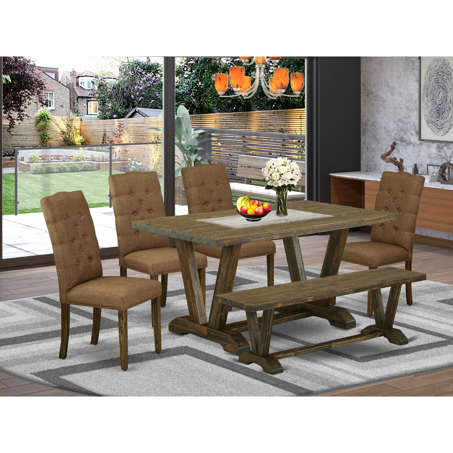 East West Furniture 6Piece Dining room Table SetBrown Beige Linen
