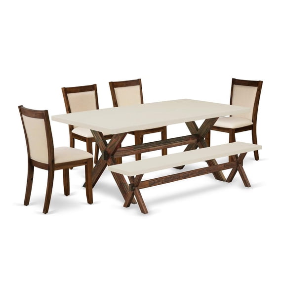 East West Furniture 6-Piece Kitchen Table Set Includes a Dinner Table and a Kitchen Bench with 4 Light Beige Linen Fabric Upholstered Chairs with Stylish Back - Distressed Jacobean Finish