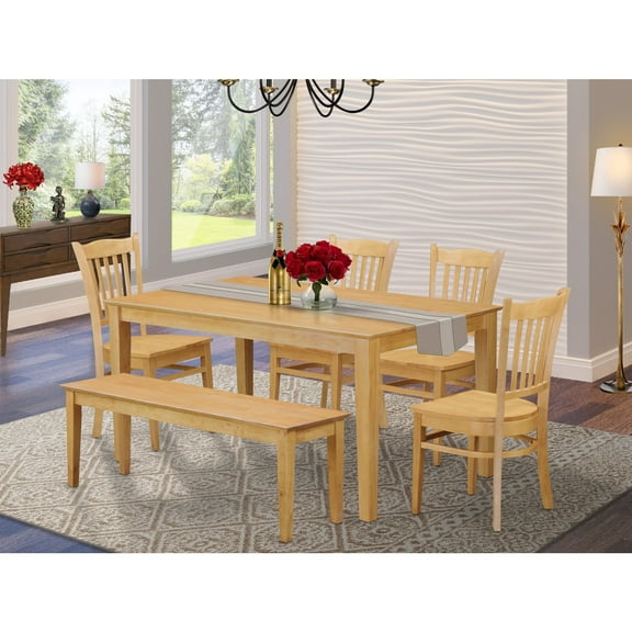 East West Furniture CAGR6-OAK-W 6 Piece Kitchen Table With Bench Set- Dining Table and 4 Kitchen Chairs and Bench