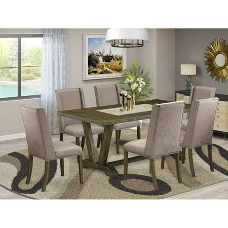 East West Furniture V777FL716-7 7 Piece Dining Room Table Set Consist of a Rectangle Kitchen Table with V-Legs and 6 Dark Khaki Linen Fabric Parsons Dining Chairs, 40x72 Inch, Multi-Color