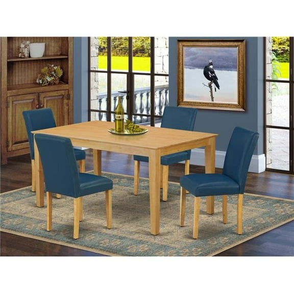 East West Furniture 60 in. Capri Rectangle Dining Room Table & 4 Parson Chair with Oak Leg & Pu Leather - Oasis, 5 Piece
